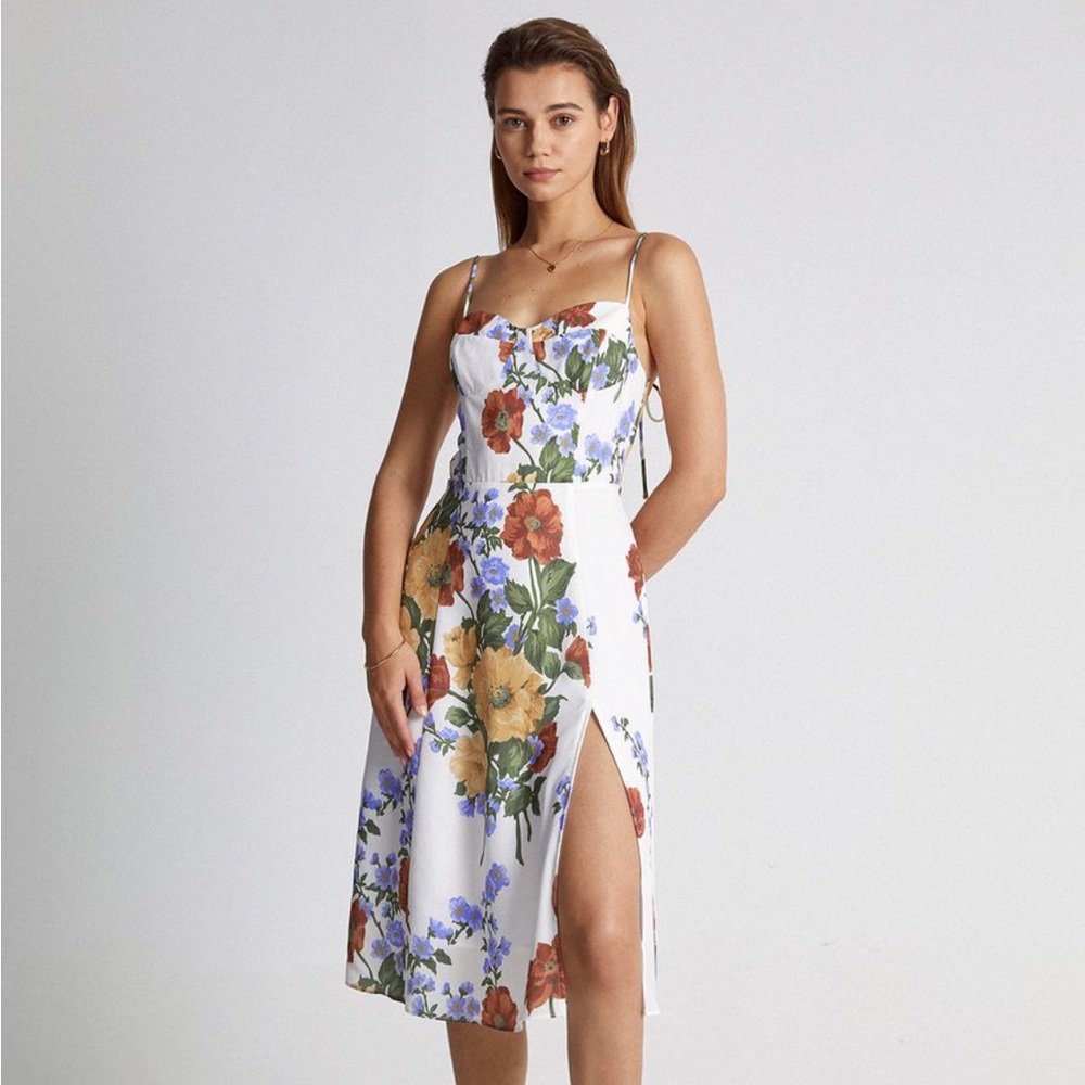 Poppy floral slit strap midi dress XS white multicolor NWT